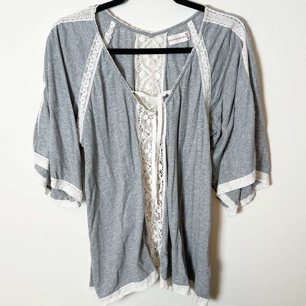 Johnny Was 4 Love and Liberty Crochet Blouse Top Grey Cream Small